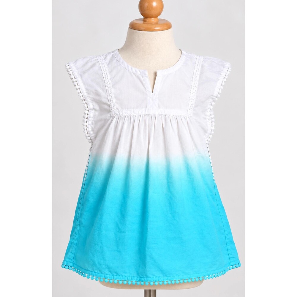 Garnet Hill Kids Girls Ombre Tunic Top Size L White Turquoise Flutter Sleeve